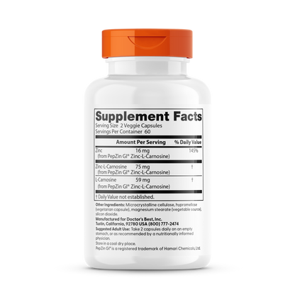 Doctor's Best PepZin GI, Zinc-L-Carnosine Complex, 120 Veggie Caps