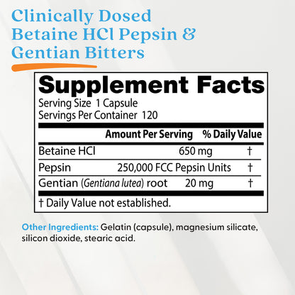 Doctor's Best Betaine HCl Pepsin & Gentian Bitters, 120 Capsules