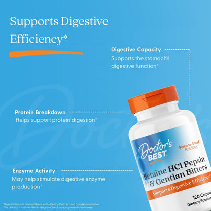 Doctor's Best Betaine HCl Pepsin & Gentian Bitters, 120 Capsules
