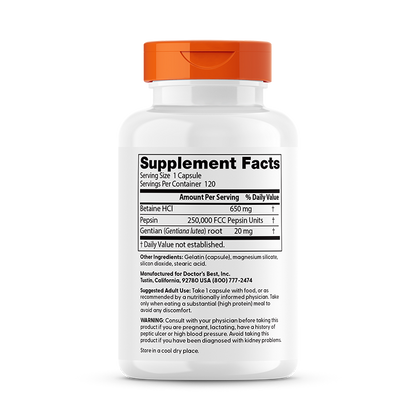 Doctor's Best Betaine HCl Pepsin & Gentian Bitters, 120 Capsules