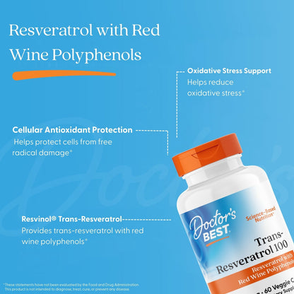 Doctor's Best Trans-Resveratrol 100 with ResVinol, 100 mg, 60 Veggie Caps