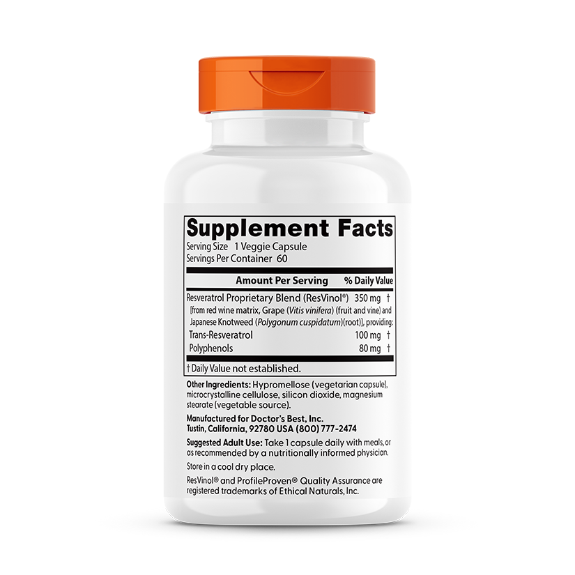 Doctor's Best Trans-Resveratrol 100 with ResVinol, 100 mg, 60 Veggie Caps