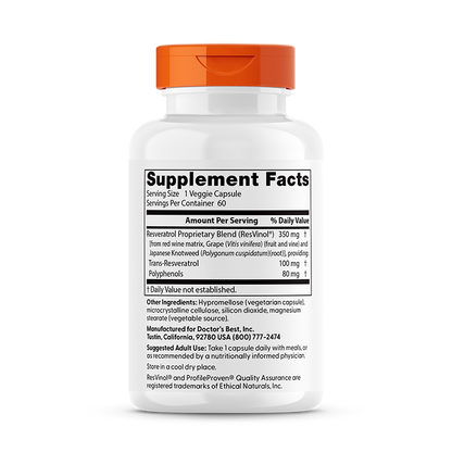 Doctor's Best Trans-Resveratrol 100 with ResVinol, 100 mg, 60 Veggie Caps