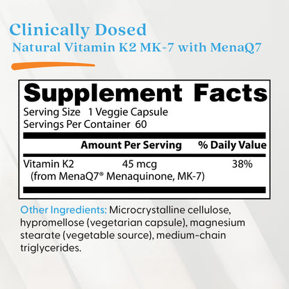 Doctor's Best Natural Vitamin K2 MK-7 with MenaQ7, 45 mcg, 60 Veggie Caps