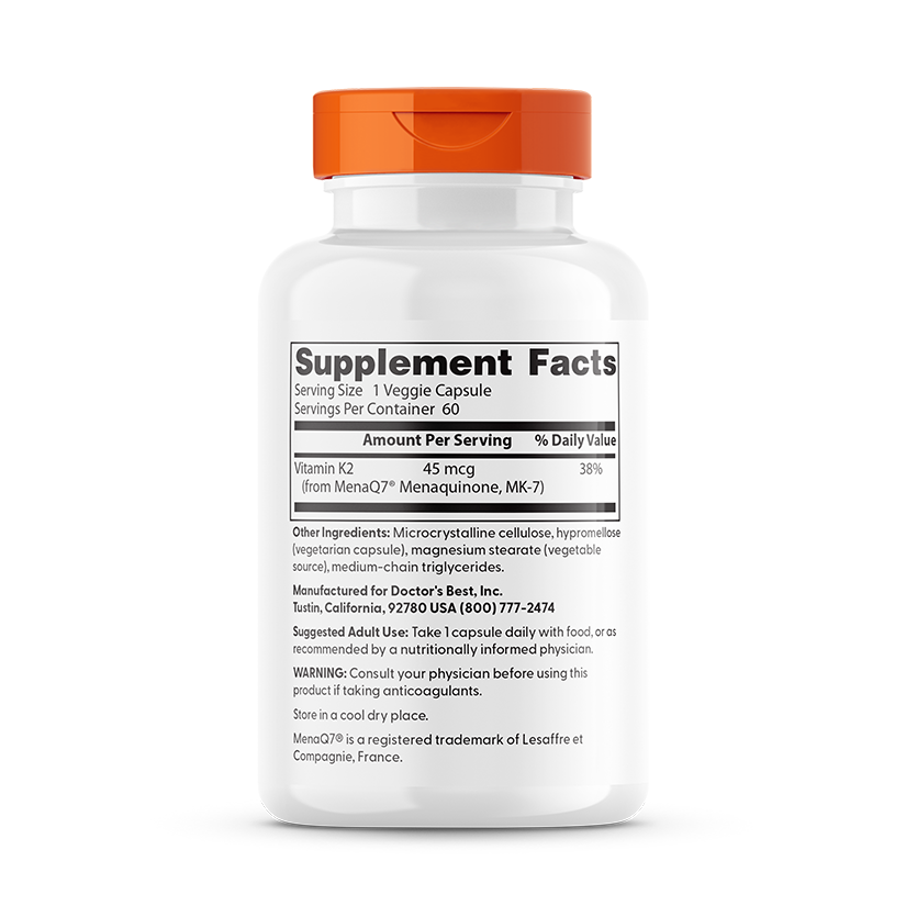 Doctor's Best Natural Vitamin K2 MK-7 with MenaQ7, 45 mcg, 60 Veggie Caps