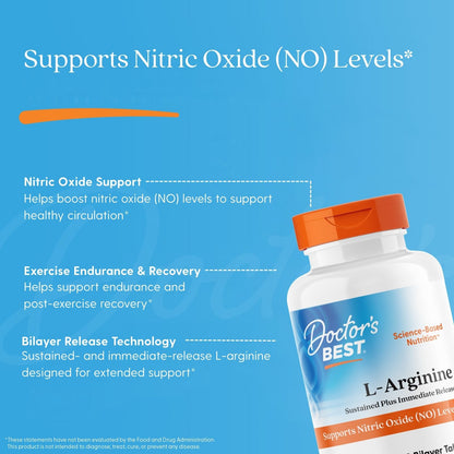 Doctor's Best L-Arginine Sustained Plus Immediate Release, 1000 mg Per Serving, 120 Bilayer Tablets