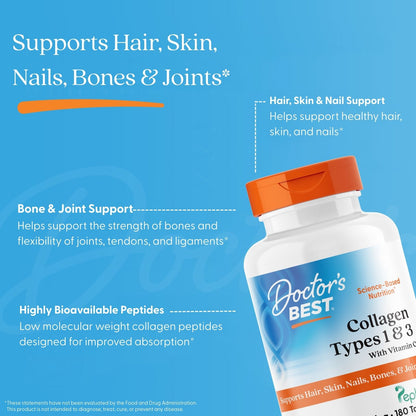 Doctor's Best Collagen Types 1 and 3 and Vitamin C, 3,000 mg Per Serving, 180 Tablets