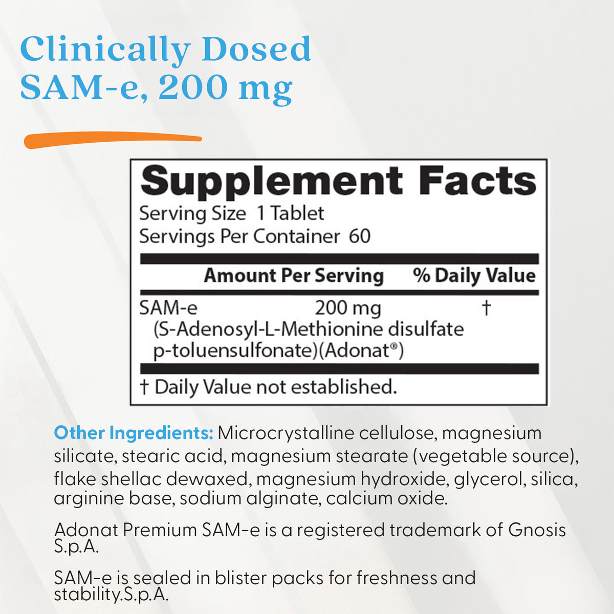 Doctor's Best SAM-e, 200 mg Per Serving, 60 Enteric Coated Tablets
