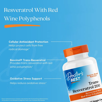 Doctor's Best Trans-Resveratrol 200  with Resvinol, 200 mg, 60 Veggie Caps