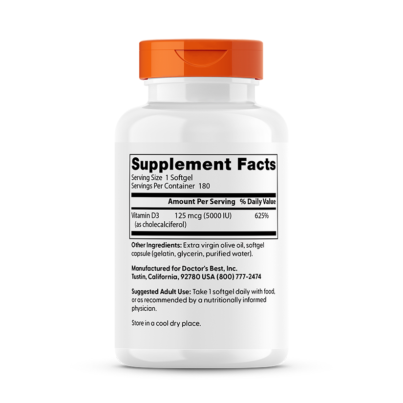 Doctor's Best Vitamin D3, 125 mcg (5,000 IU), 180 Softgels