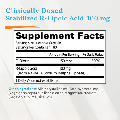 Doctor's Best Stabilized R-Lipoic Acid, 100 mg, 180 Veggie Caps