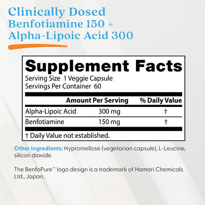 Doctor's Best Benfotiamine 150 + Alpha-Lipoic Acid 300, 60 Veggie Caps
