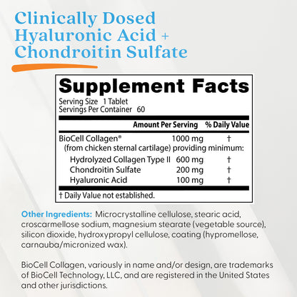 Doctor's Best Hyaluronic Acid + Chondroitin Sulfate with BioCell Collagen, 60 Tablets