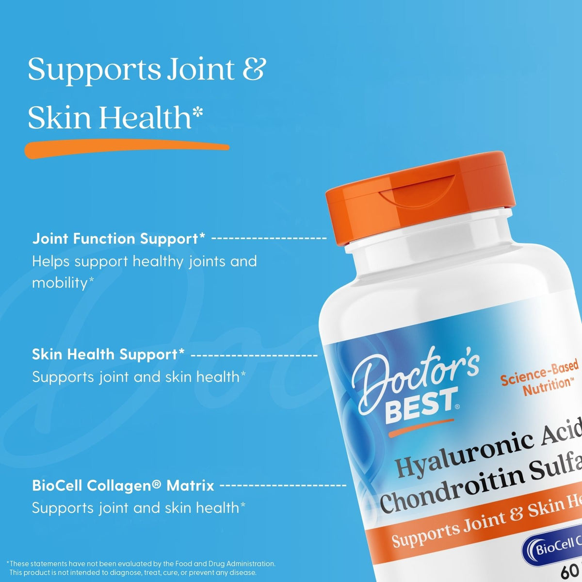 Doctor's Best Hyaluronic Acid + Chondroitin Sulfate with BioCell Collagen, 60 Tablets