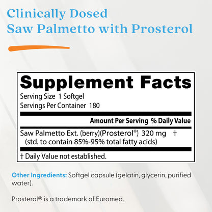 Doctor's Best Saw Palmetto, Standardized Extract, 320 mg, 180 Softgels