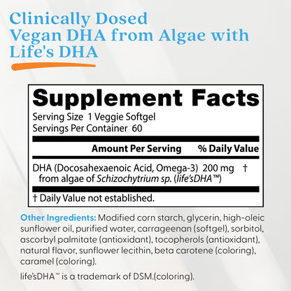 Doctor's Best Vegan DHA from Algae with Life's DHA, 200 mg, 60 Veggie Softgels