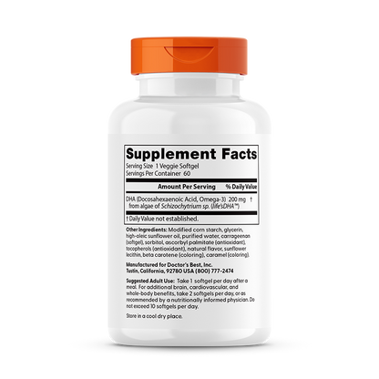 Doctor's Best Vegan DHA from Algae with Life's DHA, 200 mg, 60 Veggie Softgels
