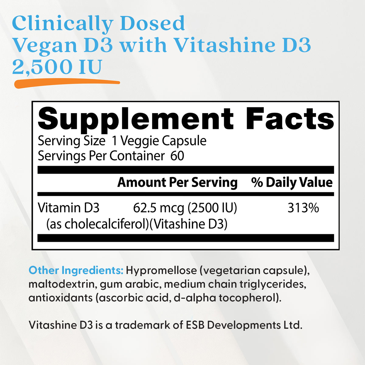Doctor's Best Vegan D3 with Vitashine D3, 2,500 IU, 60 Veggie Caps