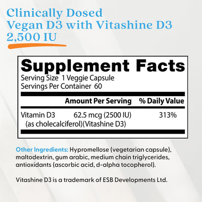 Doctor's Best Vegan D3 with Vitashine D3, 2,500 IU, 60 Veggie Caps