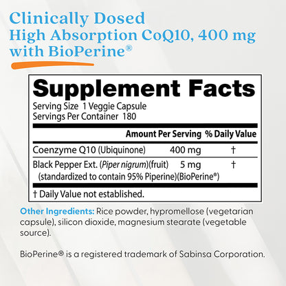 Doctor's Best High Absorption CoQ10 with BioPerine, 400 mg, 180 Veggie Caps