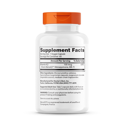 Doctor's Best Natural Vitamin K2 MK-7 with MenaQ7, 100 mcg, 60 Veggie Caps
