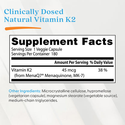 Doctor's Best Natural Vitamin K2 MK-7 with MenaQ7, 45 mcg, 180 Veggie Caps