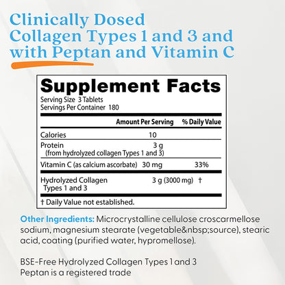 Doctor's Best Collagen Types 1 and 3 with Peptan and Vitamin C, 1,000 mg, 540 Tablets