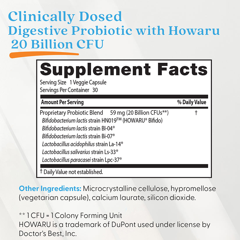 Doctor's Best Digestive Probiotic with Howaru, 20 Billion CFU, 30 Veggie Caps