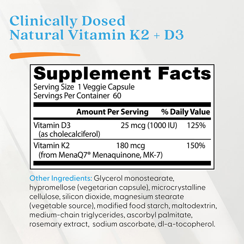 Doctor's Best Natural Vitamin K2 MK-7 with MenaQ7 plus Vitamin D3, 180 mcg, 60 Veggie Caps