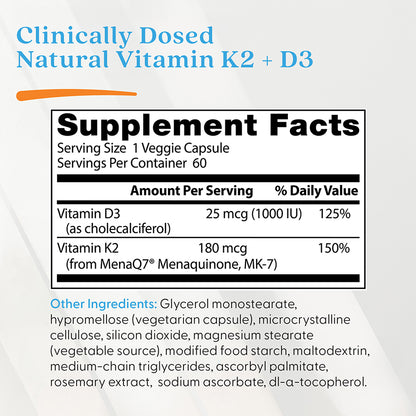 Doctor's Best Natural Vitamin K2 MK-7 with MenaQ7 plus Vitamin D3, 180 mcg, 60 Veggie Caps