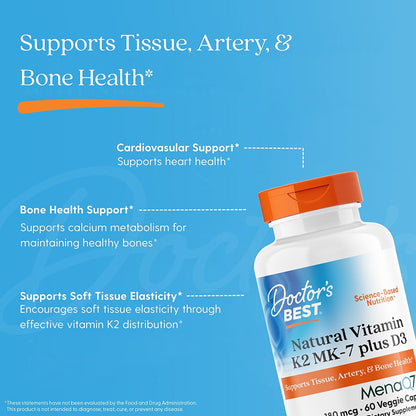Doctor's Best Natural Vitamin K2 MK-7 with MenaQ7 plus Vitamin D3, 180 mcg, 60 Veggie Caps