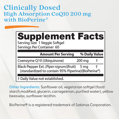 Doctor's Best High Absorption CoQ10 with BioPerine, 200 mg, 60 Veggie Softgels
