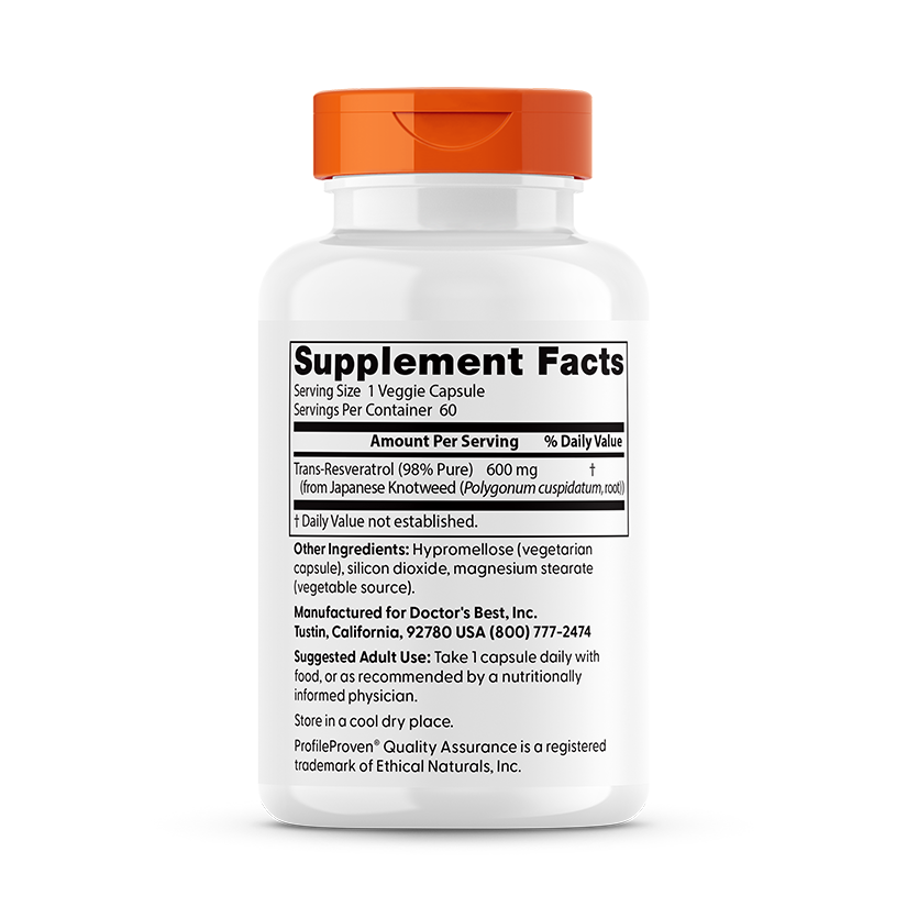 Doctor's Best High Potency Trans-Resveratrol 600, 600 mg, 60 Veggie Caps