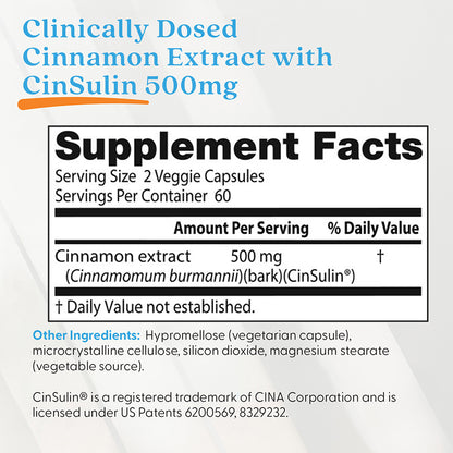 Doctor's Best Cinnamon Extract with CinSulin, 500 mg Per Serving, 120 Veggie Caps