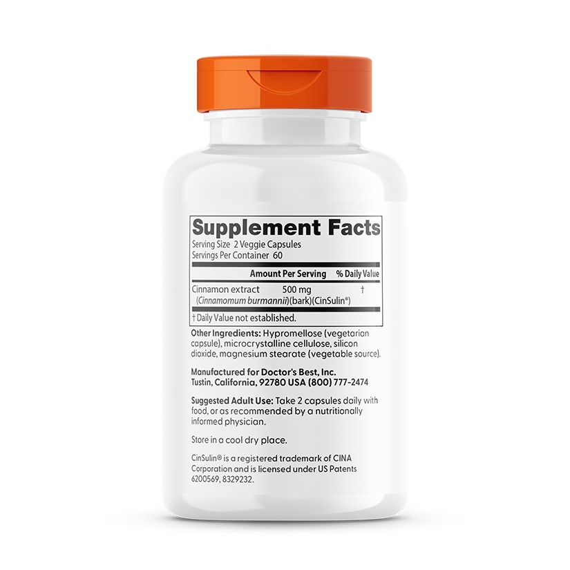 Doctor's Best Cinnamon Extract with CinSulin, 500 mg Per Serving, 120 Veggie Caps