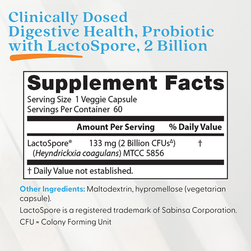 Doctor's Best Digestive Health, Probiotic with LactoSpore, 2 Billion, 60 Veggie Caps