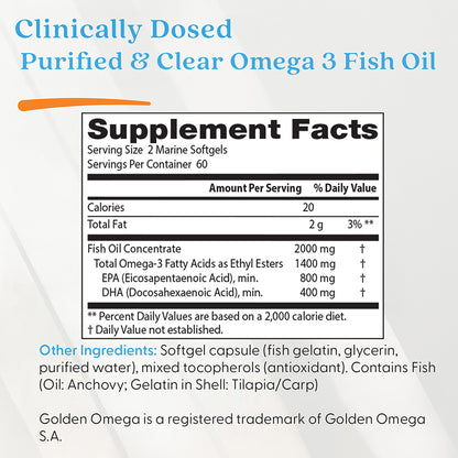 Doctor's Best Purified & Clear Omega 3 Fish Oil, 2000 mg Per Serving, 120 Marine Softgels