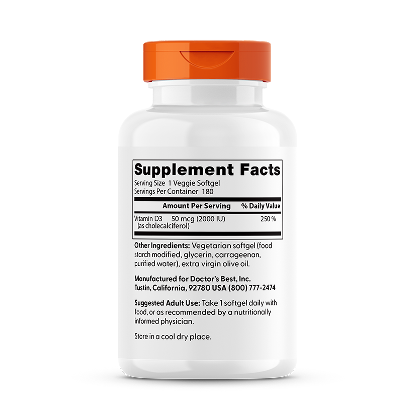 Doctor's Best Vitamin D3, 50 mcg (2,000 IU), 180 Veggie Softgels