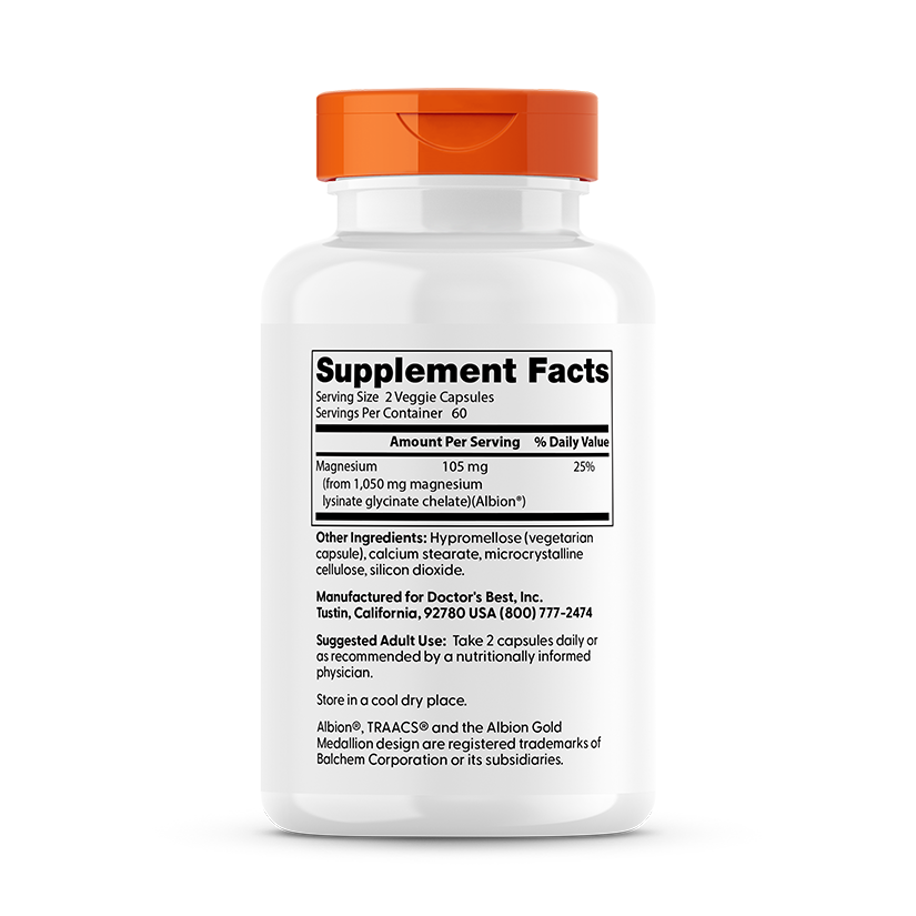 Doctor's Best High Absorption Magnesium, Lysinate Glycinate 100% Chelated, 52.5 mg, 120 Veggie Caps