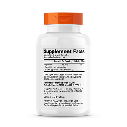 Doctor's Best High Absorption Magnesium, Lysinate Glycinate 100% Chelated, 52.5 mg, 120 Veggie Caps