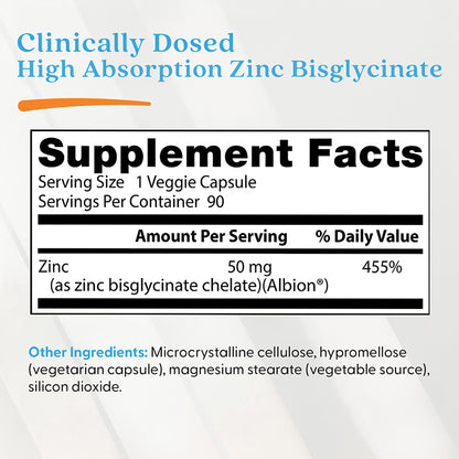 Doctor's Best High Absorption Zinc Bisglycinate, 100% Chelated, 50 mg, 90 Veggie Caps