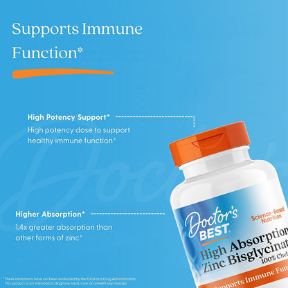 Doctor's Best High Absorption Zinc Bisglycinate, 100% Chelated, 50 mg, 90 Veggie Caps