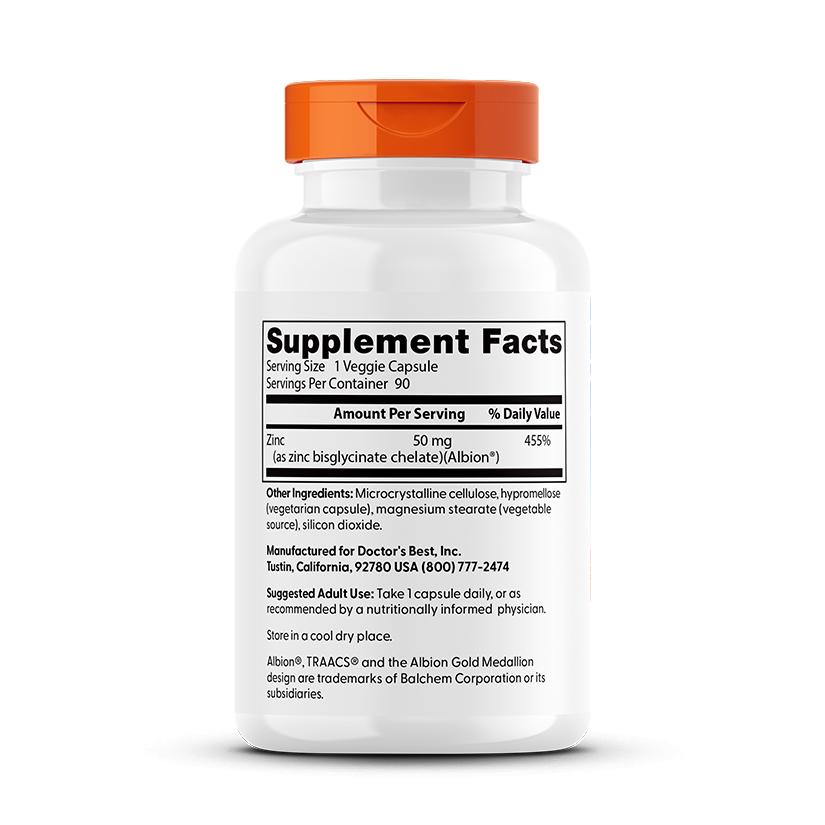 Doctor's Best High Absorption Zinc Bisglycinate, 100% Chelated, 50 mg, 90 Veggie Caps