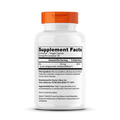 Doctor's Best High Absorption Zinc Bisglycinate, 100% Chelated, 50 mg, 90 Veggie Caps