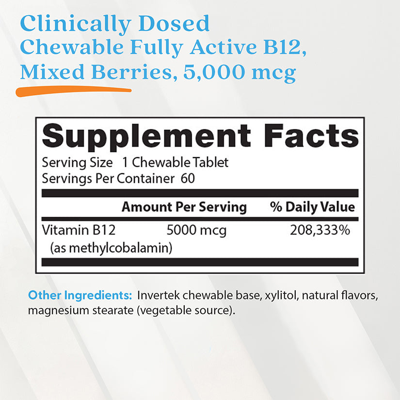 Doctor's Best Chewable Fully Active B12, Mixed Berries , 5,000 mcg, 60 Tablets