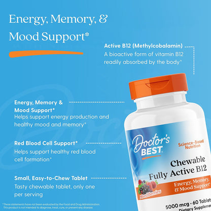 Doctor's Best Chewable Fully Active B12, Mixed Berries , 5,000 mcg, 60 Tablets
