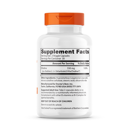 Doctor's Best Choline L-Bitartrate, 550 mg Per Serving, 60 Veggie Caps