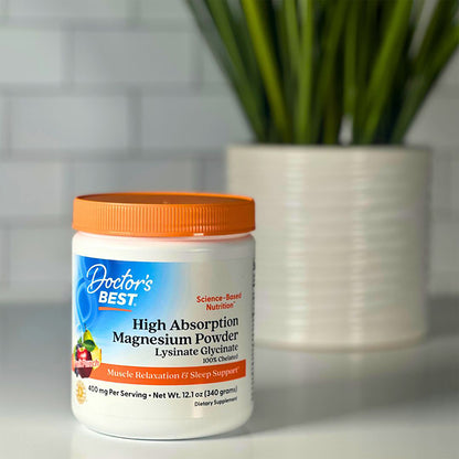Doctor's Best High Absorption Magnesium Powder Lysinate Glycinate 100% Chelated, 400 mg Per Serving, Fruit Punch, 12.1 oz (340 g)