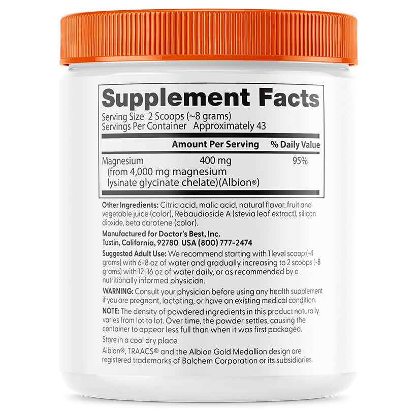 Doctor's Best High Absorption Magnesium Powder Lysinate Glycinate 100% Chelated, 400 mg Per Serving, Fruit Punch, 12.1 oz (340 g)
