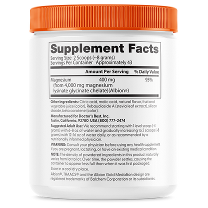 Doctor's Best High Absorption Magnesium Powder Lysinate Glycinate 100% Chelated, 400 mg Per Serving, Fruit Punch, 12.1 oz (340 g)